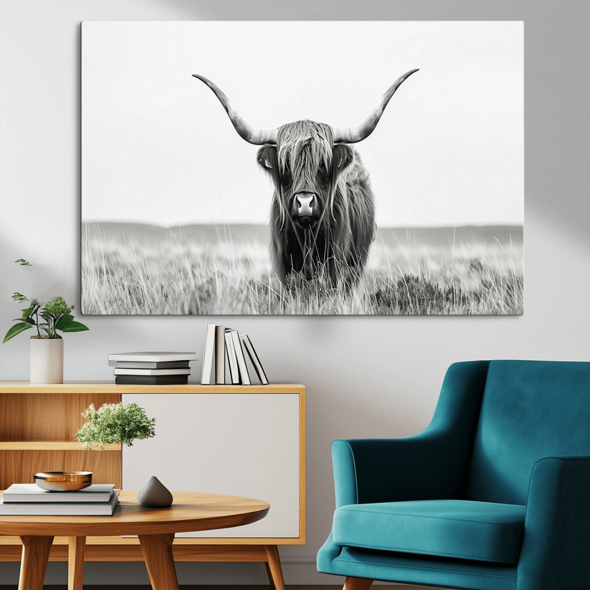 Highland Cow Canvas Wall Art – Majestic Beauty in Black and