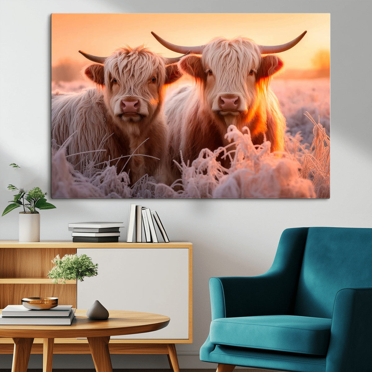 Highland Cows at Sunrise Wall Art Canvas Set – Serene and