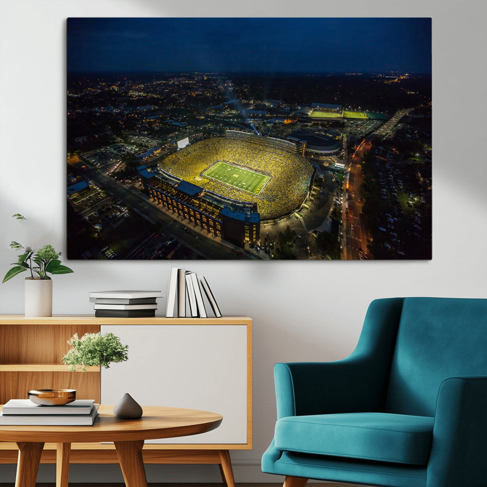 Michigan Stadium Night Game Wall Art – Sports Arena Aerial