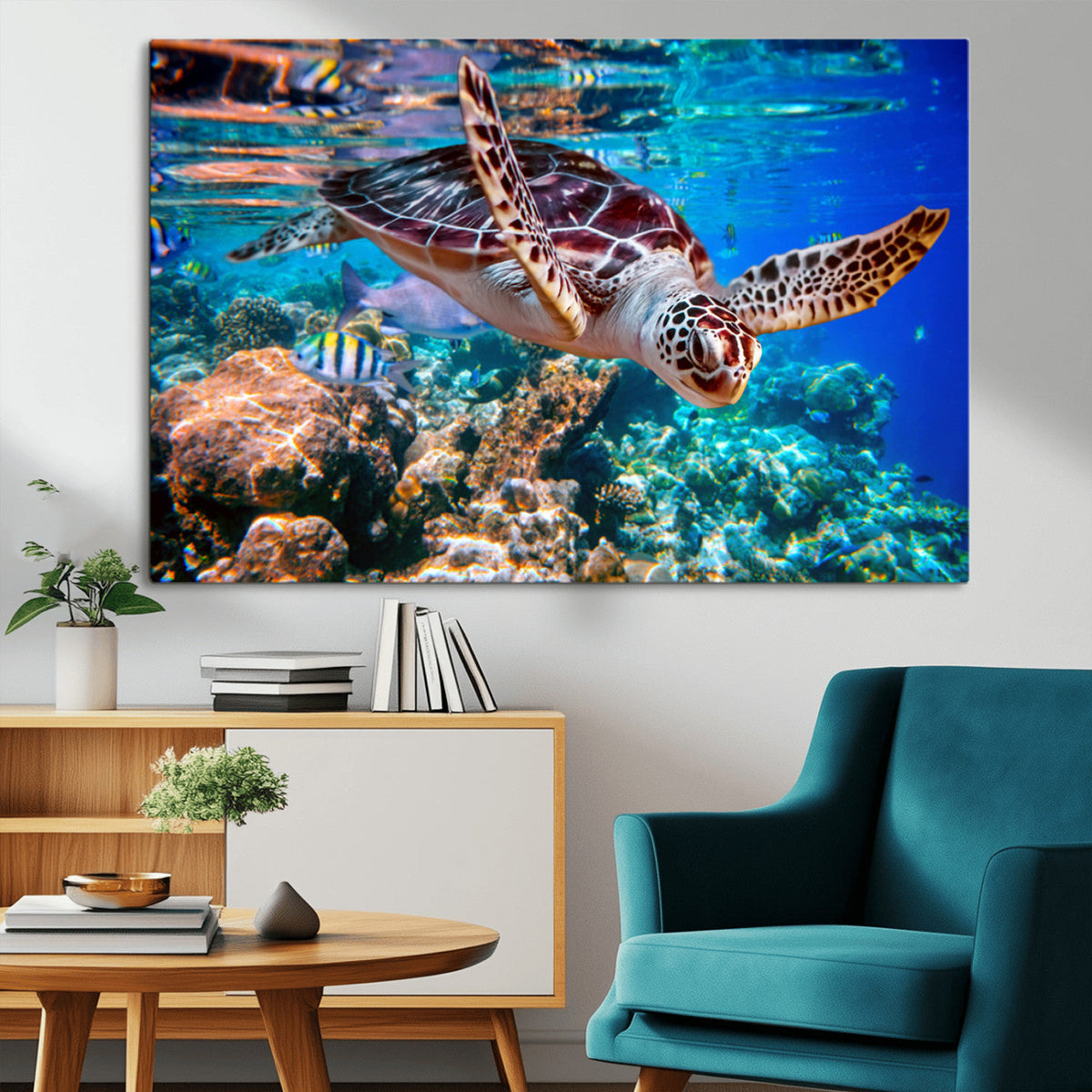 Underwater Coral Reef Sea Turtle Wall Art Canvas Print,