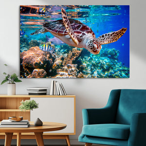 Underwater Coral Reef Sea Turtle Wall Art Canvas Print,
