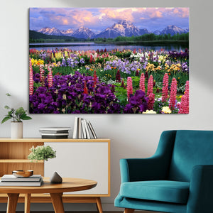 Vibrant Wildflower Garden and Mountain View Giclee Canvas