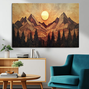 Wood Style Abstract Mountain Sunset Canvas Wall Art Print -