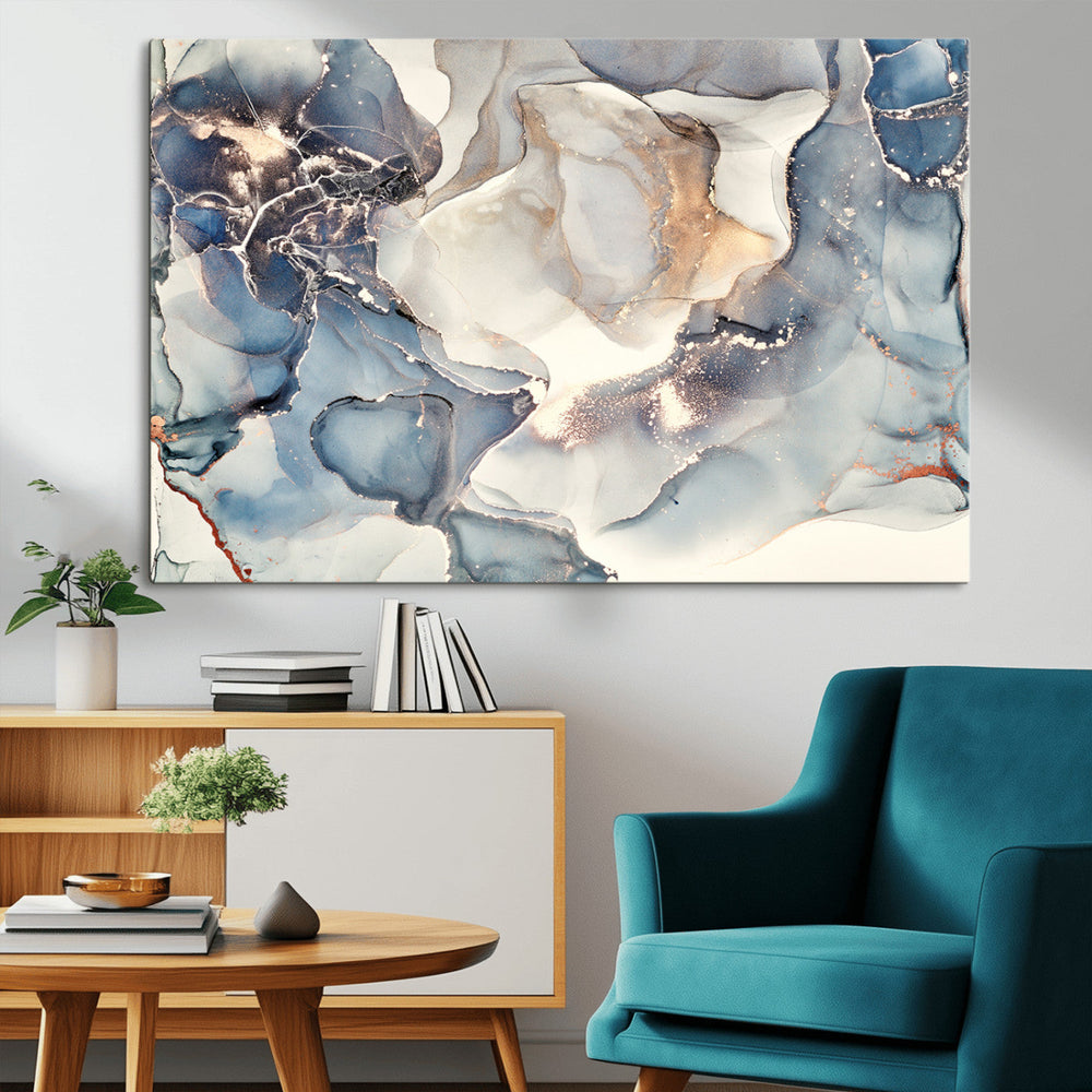 Abstract Blue and Gold Canvas Wall Art - Fluid Modern Ink