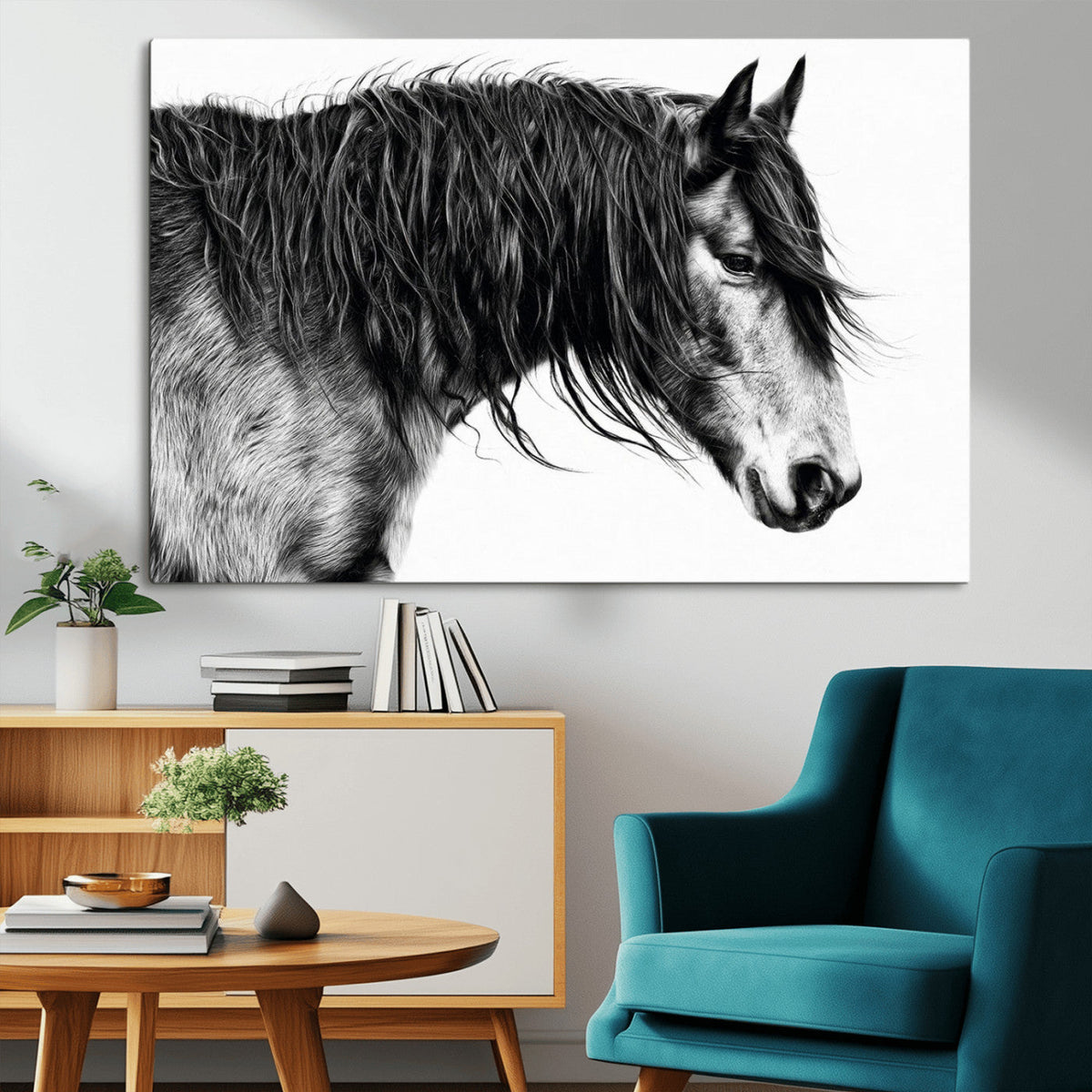 Majestic Horse Wall Art – Framed Black White Portrait Canvas