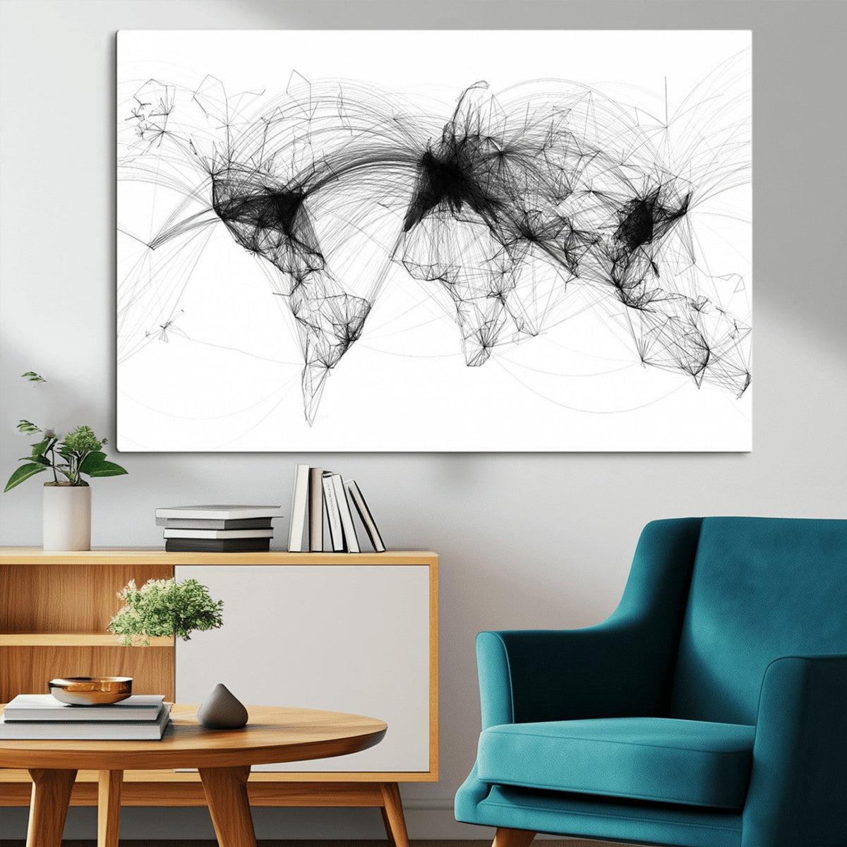 Abstract World Map Wall Art – Framed Geometric Line Canvas