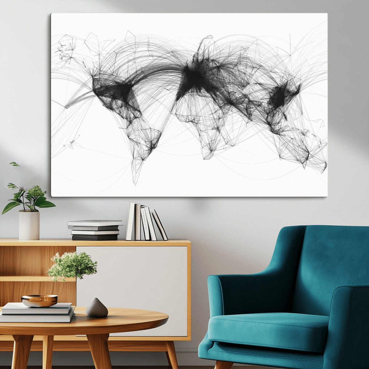 Flight Routes Air Traffic Map Canvas Wall Art - Framed -