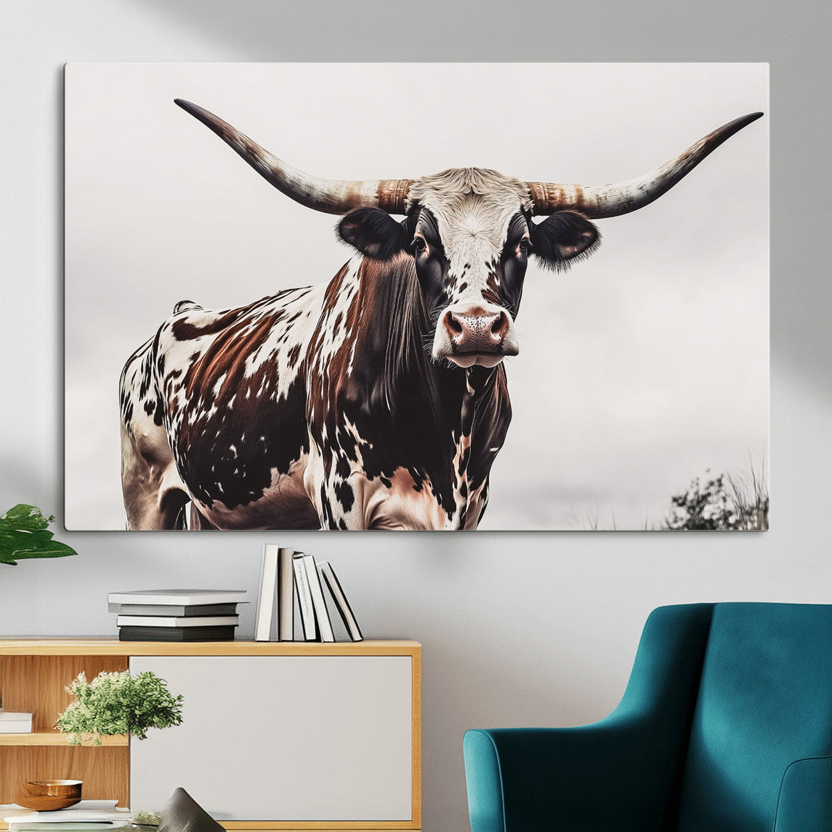 Texas Longhorn Wall Art Canvas Print – Framed Spotted Bull