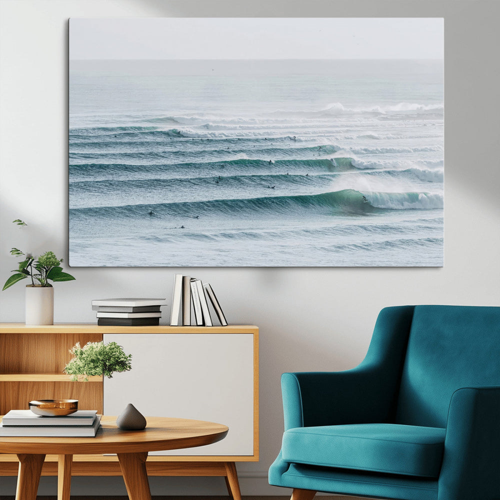 Ocean Waves Wall Art Canvas Print – Framed Surfer Lineup