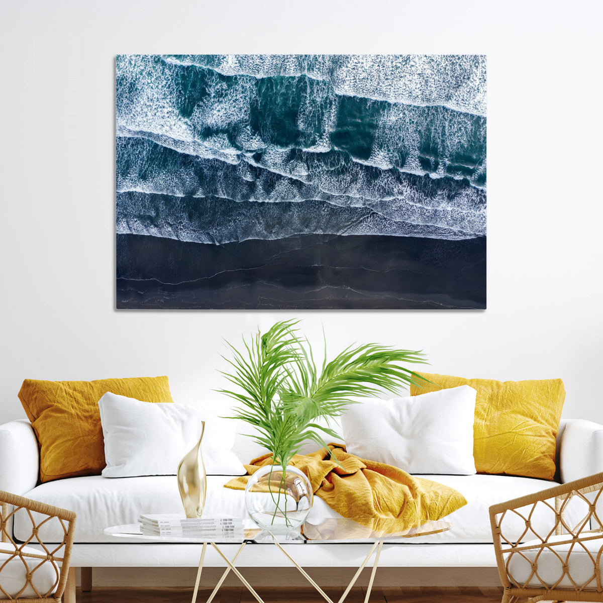 Black Beach Wall Art Canvas Print – Framed Aerial Ocean View