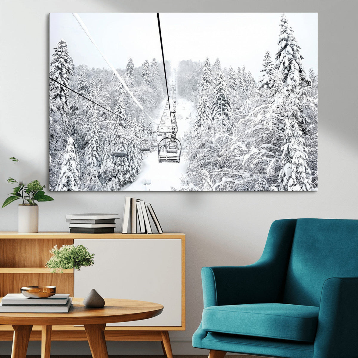 Snowy Ski Lift Wall Art – Framed Winter Mountain Canvas