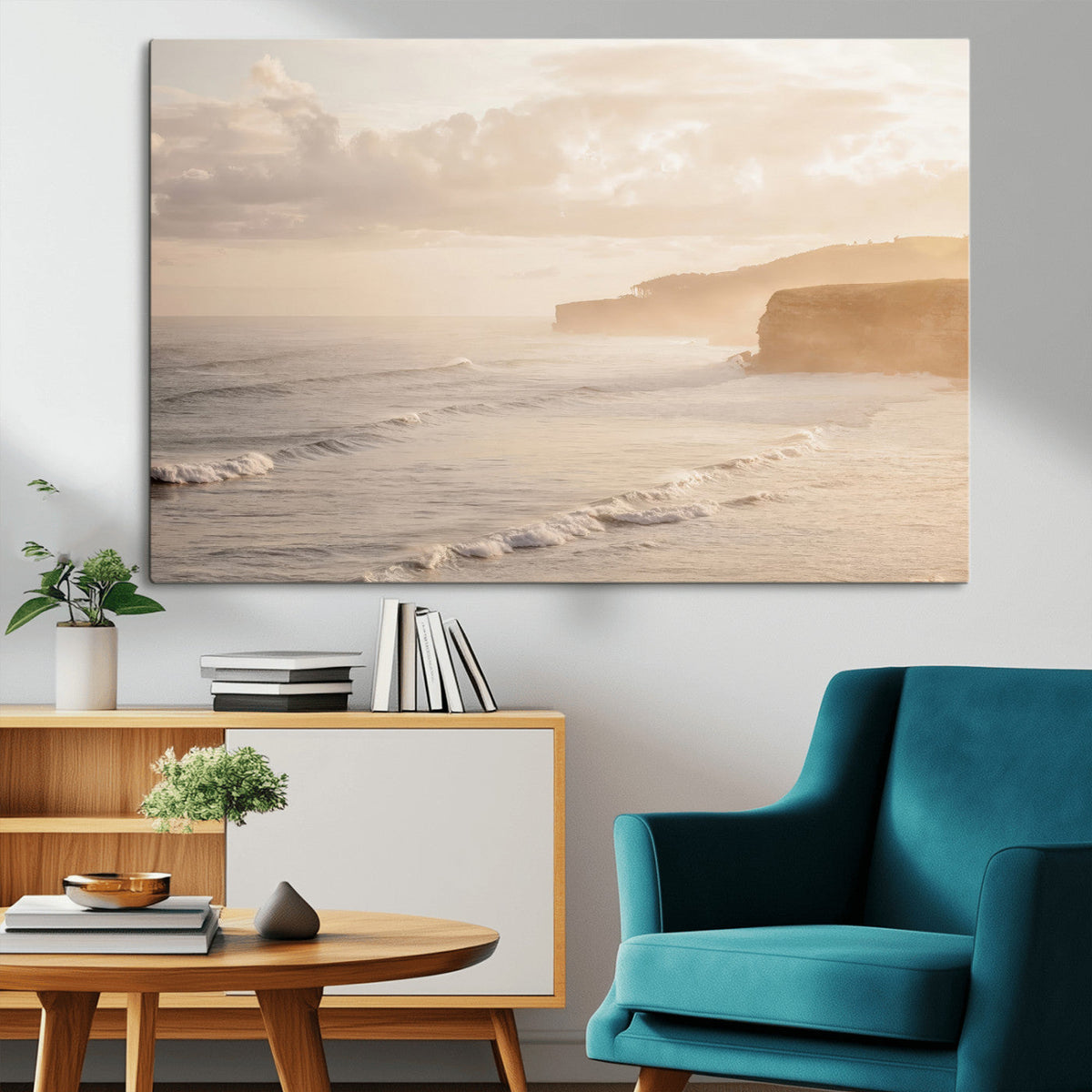 Misty Coastal Wall Art Canvas Print – Framed Golden Sunset