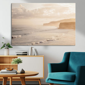 Misty Coastal Wall Art Canvas Print – Framed Golden Sunset