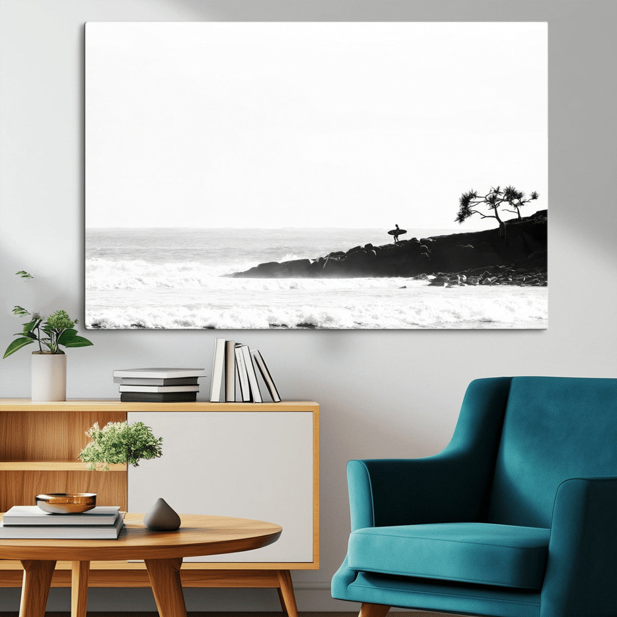 Surfer Cliffs Wall Art Canvas Print – Framed Black White