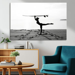 Yoga Surf Wall Art Canvas Print – Framed Black White Shore