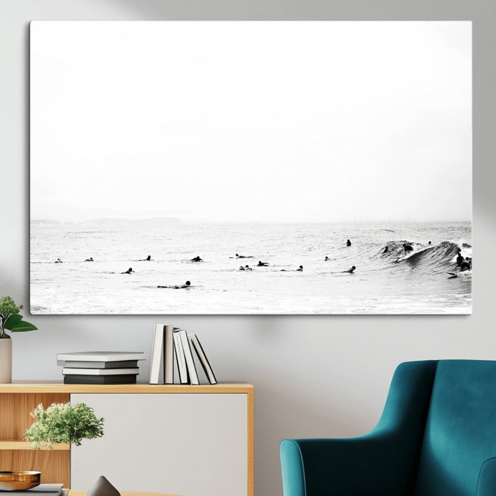 Monochrome Swimming Wall Art Canvas Print – Framed Ocean
