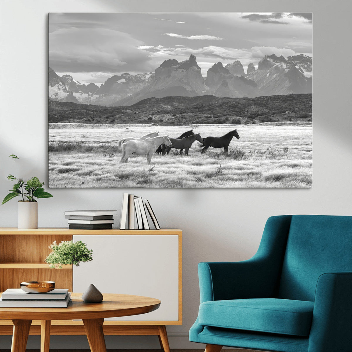 Wild Horses Wall Art Canvas Print – Framed Black and White