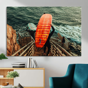 Surfer Stairway Wall Art – Framed Ocean Surf Canvas Artwork,
