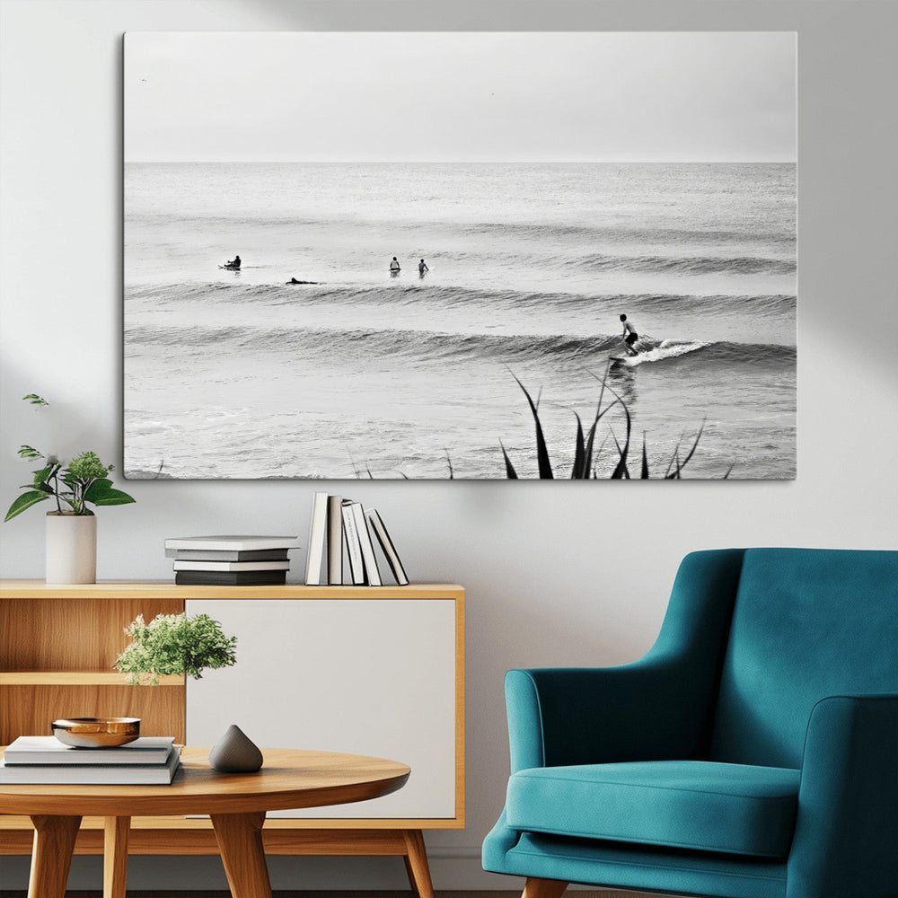 Surfer Silhouette Wall Art – Framed Calm Ocean Canvas