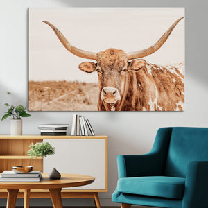 Texas Longhorn Wall Art Canvas Print – Framed Sepia Cow Art