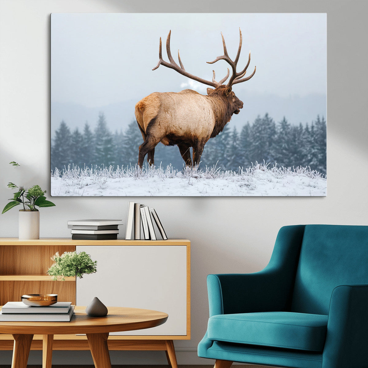 Elk Wall Art Canvas Print – Framed Snowy Forest Scene Art