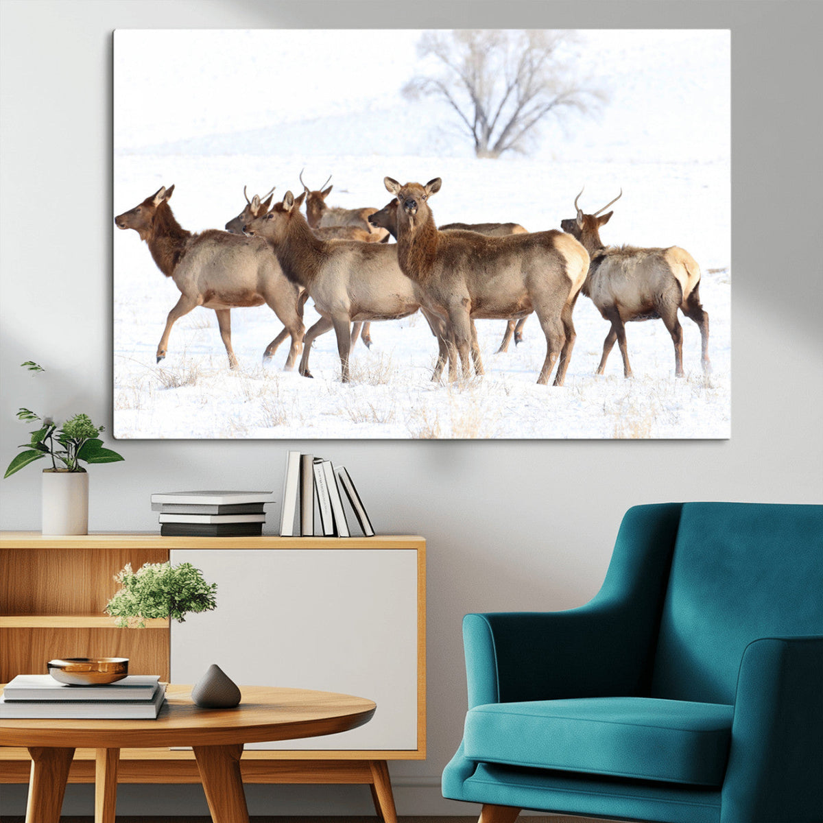 Winter Elk Scene Wall Art Canvas Print – Framed Wildlife