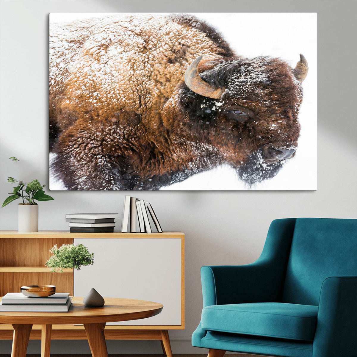 Snowy Buffalo Wall Art Canvas Print – Framed Rustic Lodge