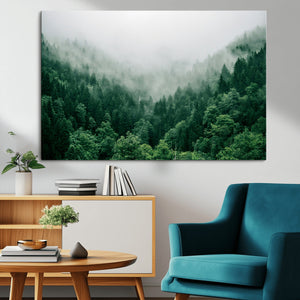 Misty Green Forest Canvas Print – Framed Serene Foggy Pine