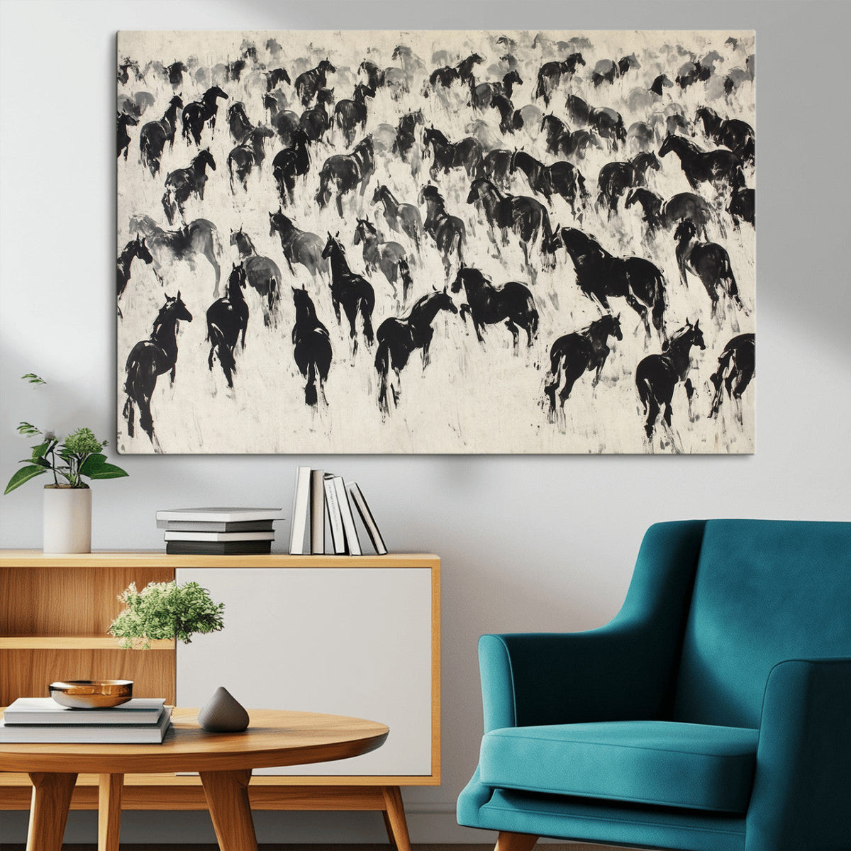 Wild Horse Stampede Wall Art Canvas Print – Monochrome