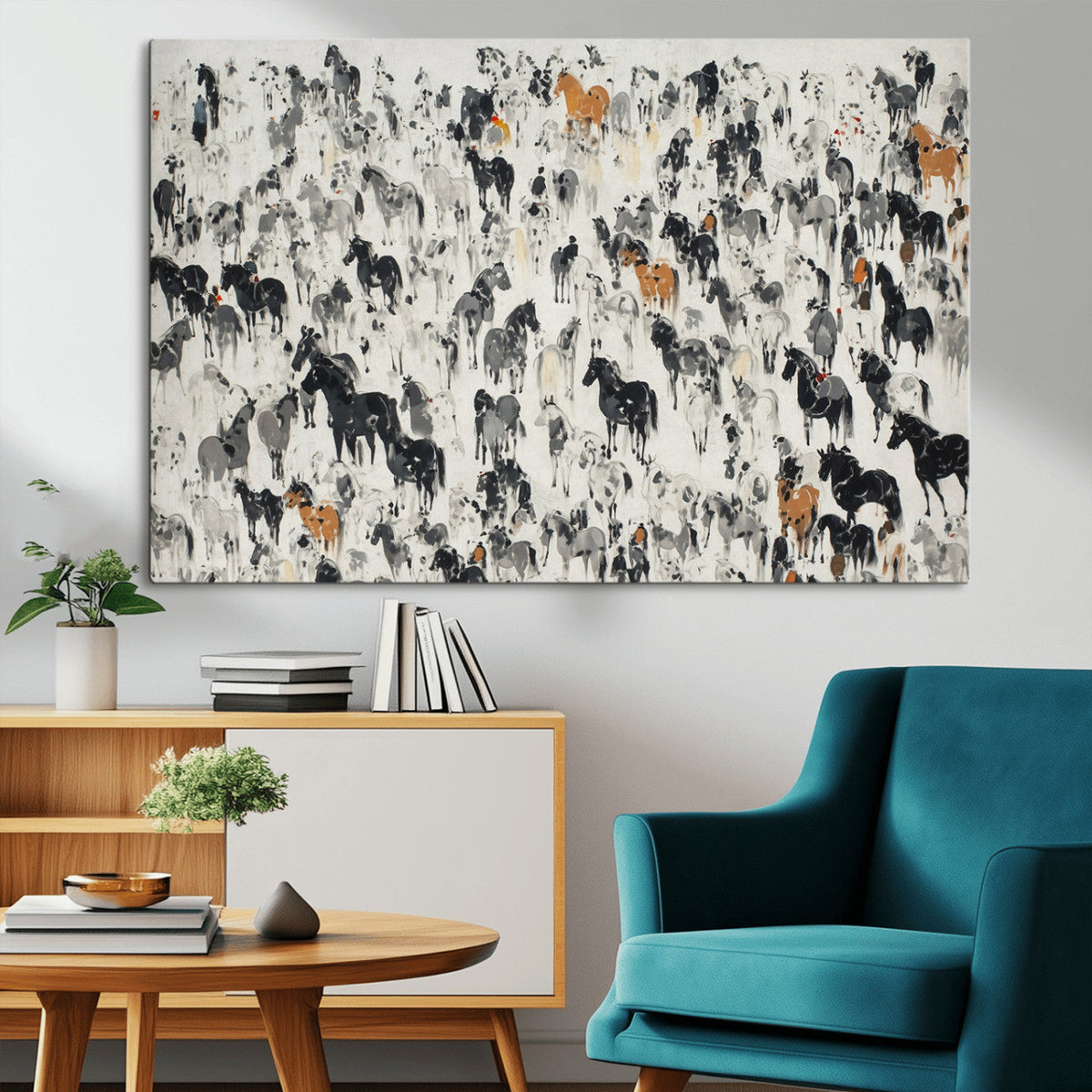 Wild Horse Stampede Wall Art Canvas Print – Monochrome