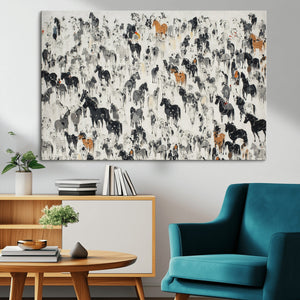 Wild Horse Stampede Wall Art Canvas Print – Monochrome