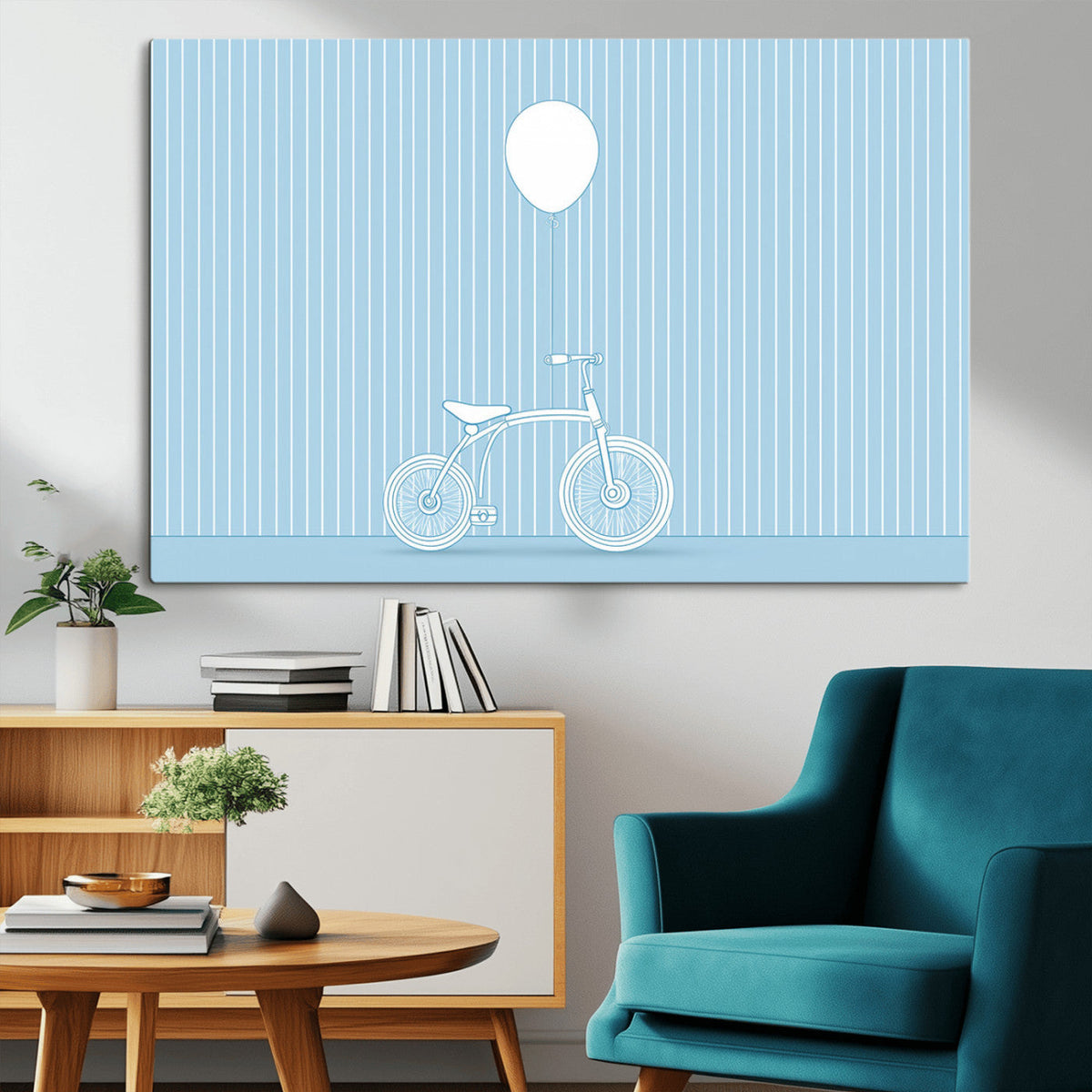 Minimalist Bicycle Balloon Canvas Wall Art – Playful Blue