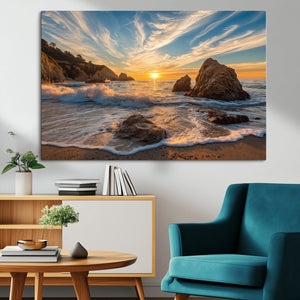 Rocky Ocean Sunset Wall Art Print – Seaside Canvas Dramatic