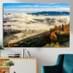 Misty Autumn Hills Wall Art Canvas Print, Foggy Forest