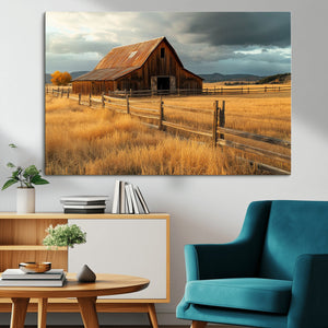 Golden Sunset Barn Wall Art Canvas Print, Rustic Autumn Farm