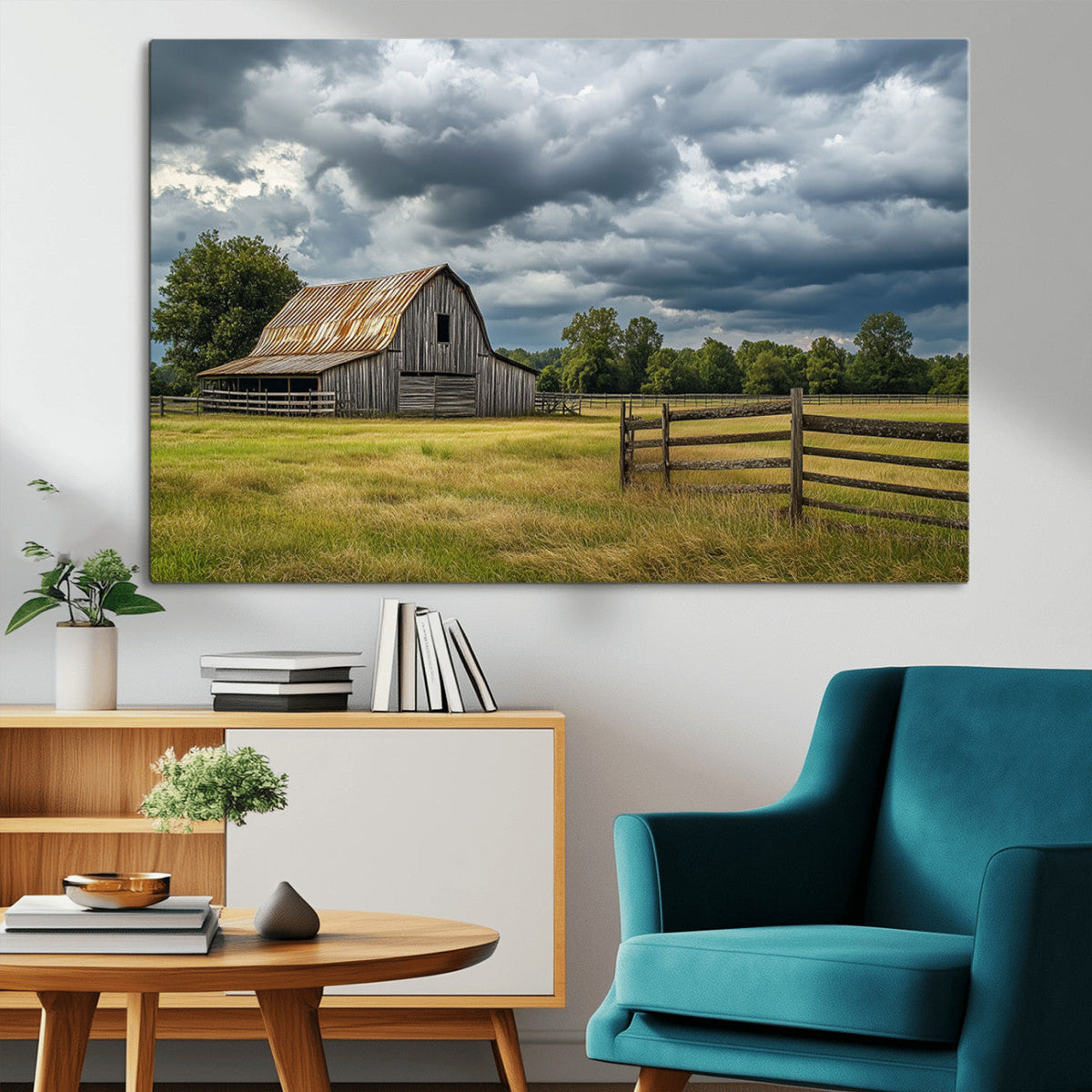 Rustic Stormy Barn Wall Art Canvas Print, Moody Country Farm