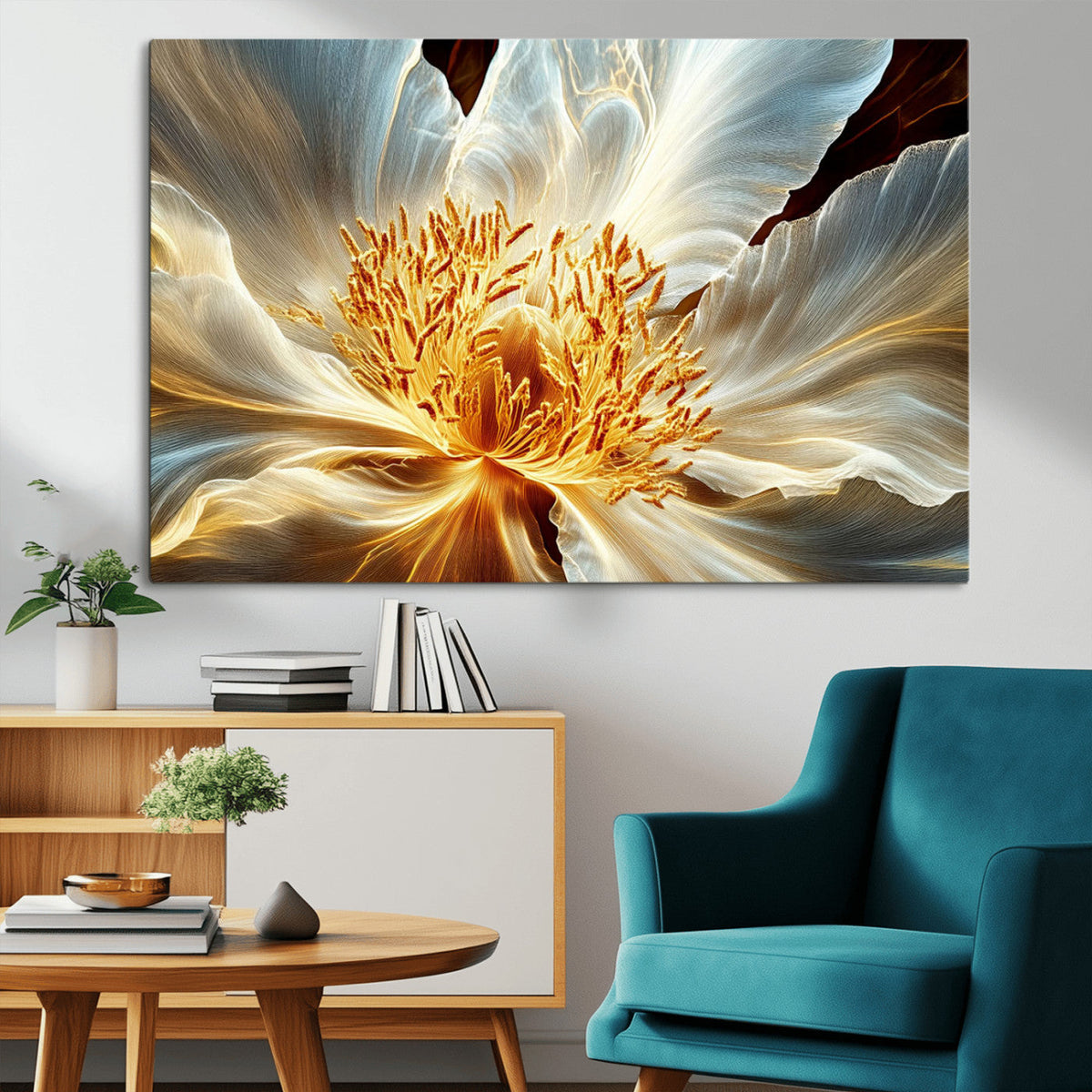 Golden Abstract Flower Canvas Wall Art, Modern Botanical