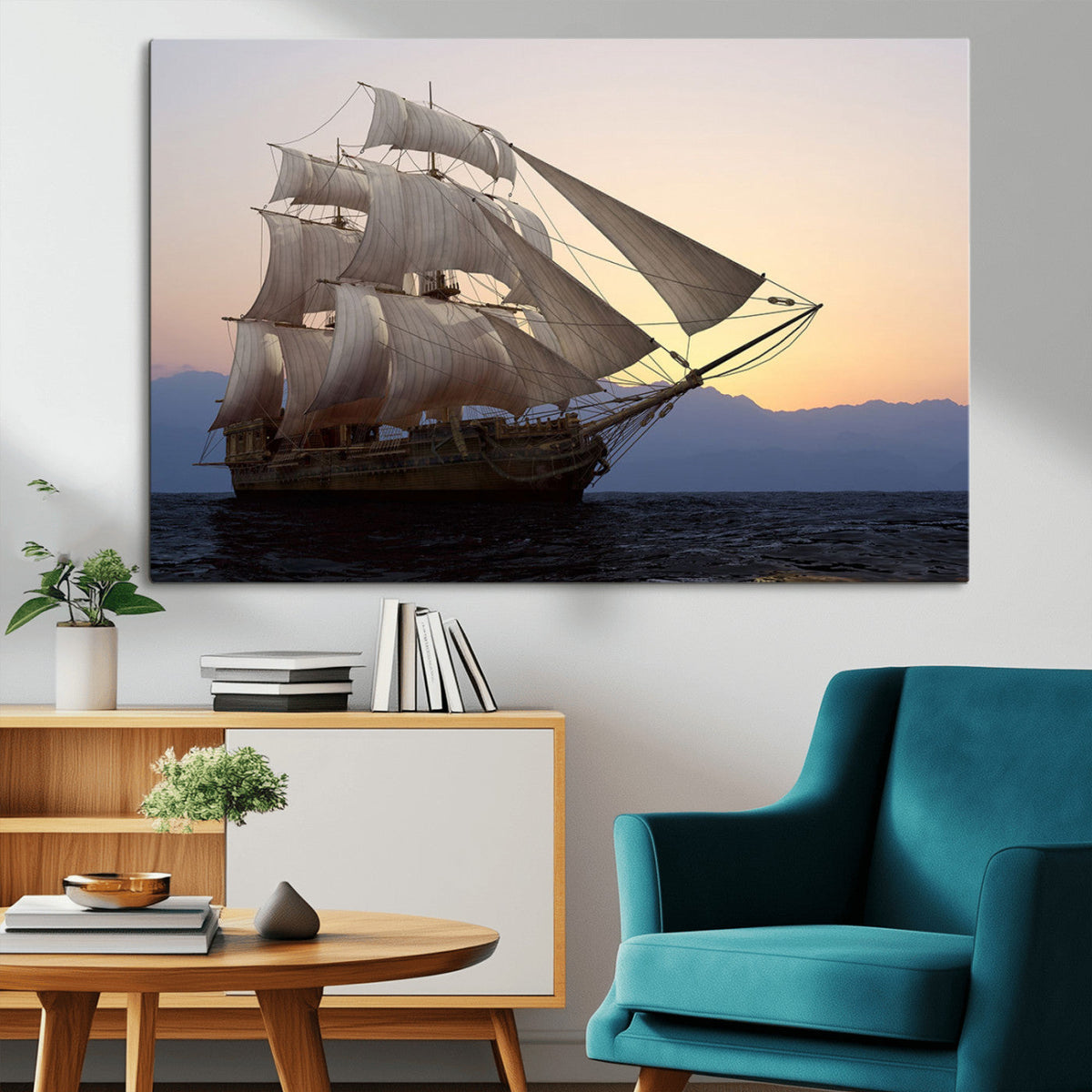 Majestic Sailing Ship Wall Art Canvas Print, Sunset Ocean
