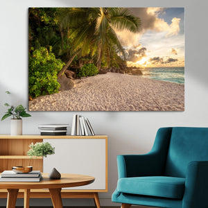 Tropical beach sunset, palm trees, white sand, ocean waves,