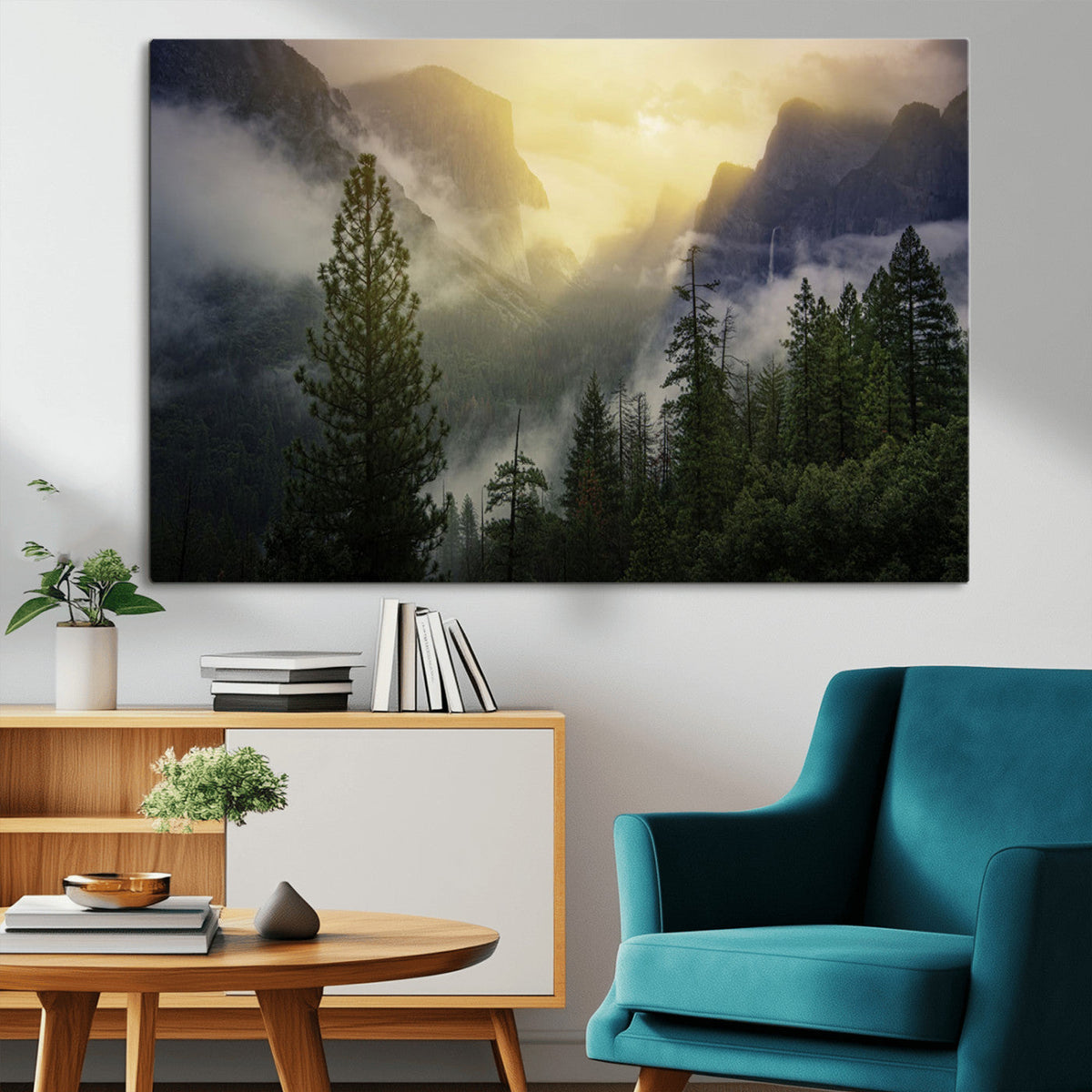 Misty Mountain Valley Wall Art Canvas Print, Golden Sunrise