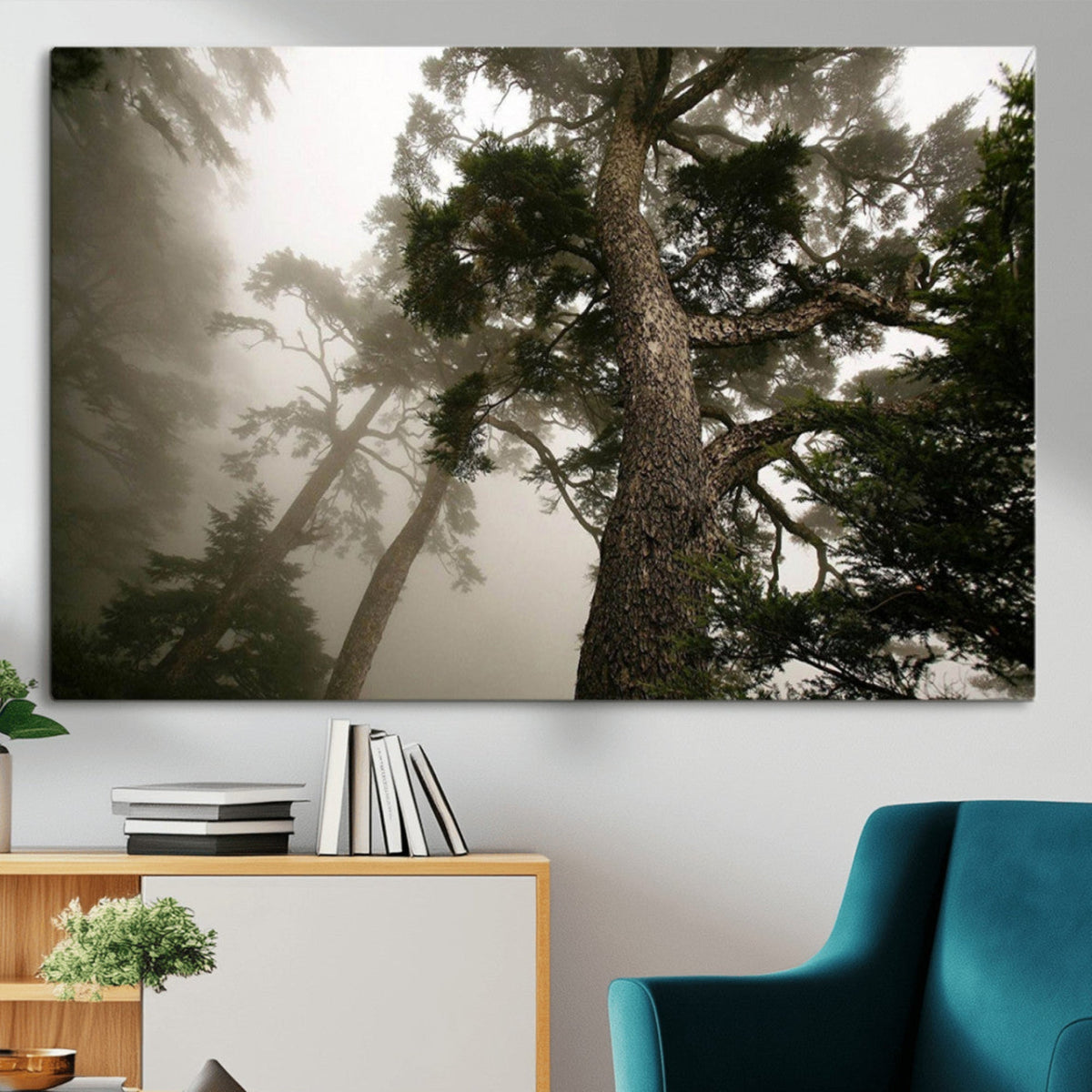 Misty Forest Wall Art Canvas Print, Tall Trees and Foggy