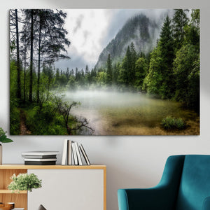 Misty Lake Forest Wall Art – Green Trees Calm Water
