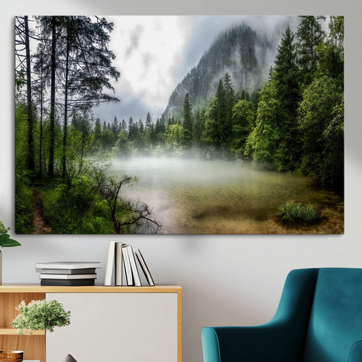 Misty Lake Forest Wall Art Canvas Print, Green Trees and