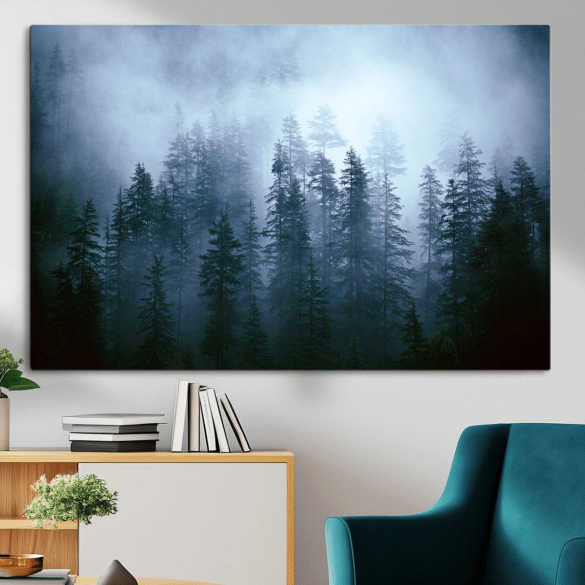 Foggy Evergreen Pines Wall Art Canvas Print, Mist Forest and