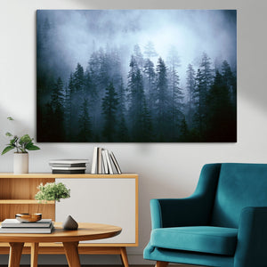 Foggy Evergreen Pines Wall Art – Mist Forest Blue Haze Moody