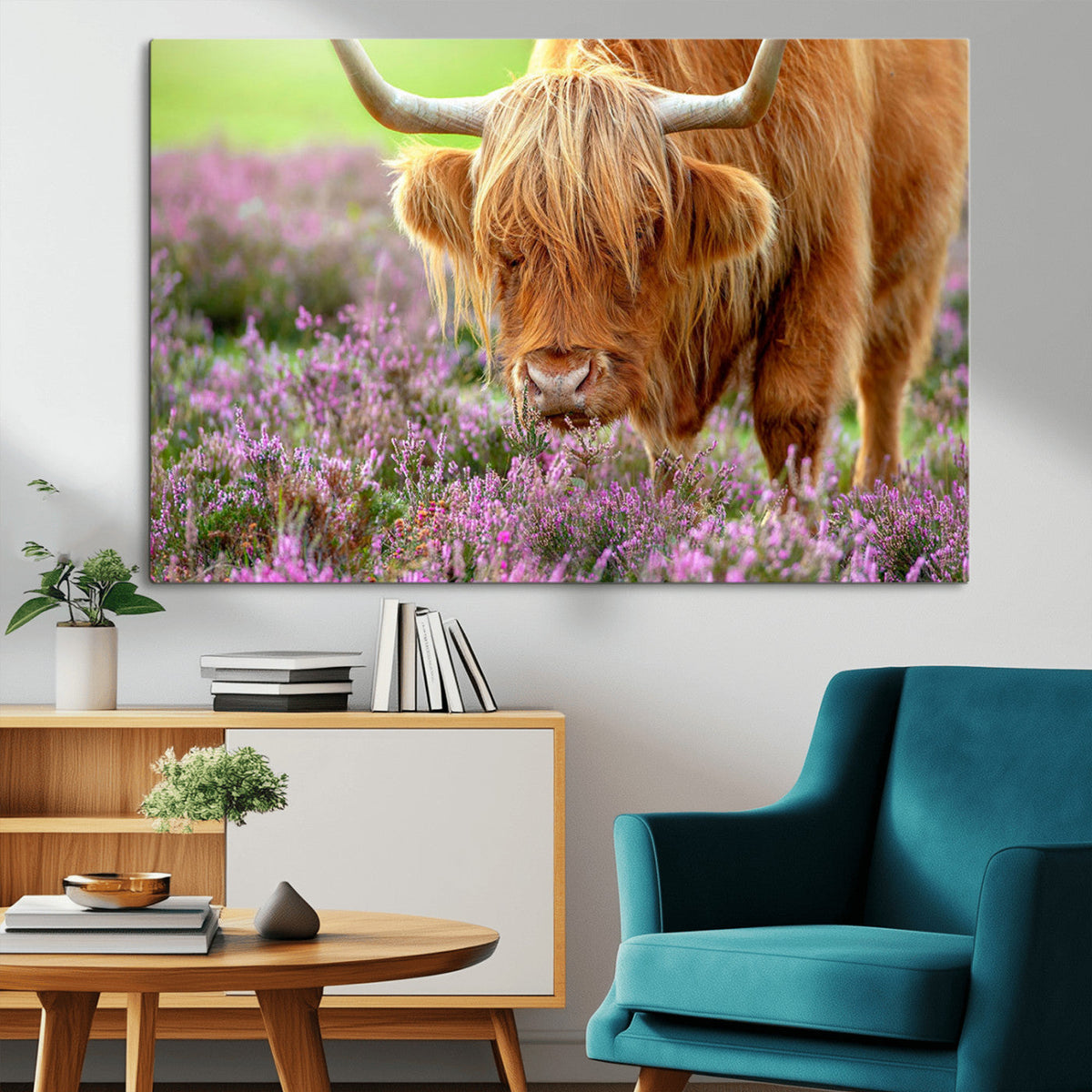 Highland Cow Wall Art Canvas Print – Framed Purple Flowers
