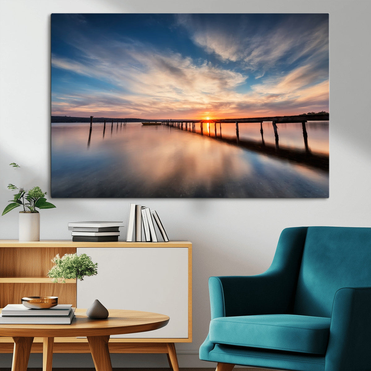 Wooden Pier on Seascape and Sunset Wall Art Canvas Print