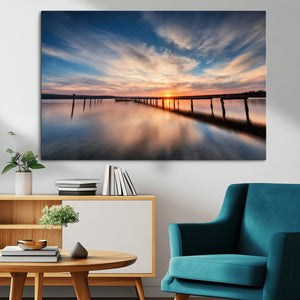 Wooden Pier on Seascape and Sunset Wall Art Canvas Print