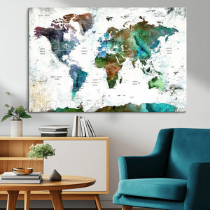Modern Watercolor World Map Canvas Wall Art – Framed