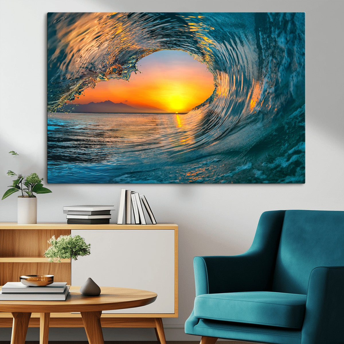 Ocean Wave Sunset Wall Art | Large Coastal Wave Canvas Print